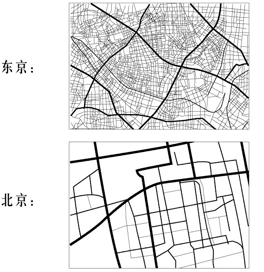 北京路网密度和东京对比图，可发现北京有大量巨大的封闭区块。图片来源：知乎网友“CnDriver”